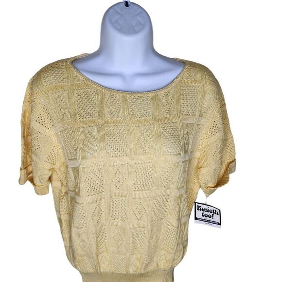 Vintage 80s Short Sleeve Pullover Sweater Womens Size L Yellow Open Knit NEW - Picture 2 of 6